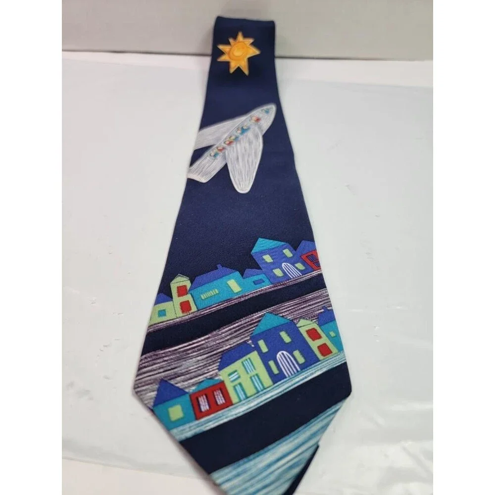 Save the Children Mens Silk Tie Navy Blue Airplane Houses Art Sam Age 10